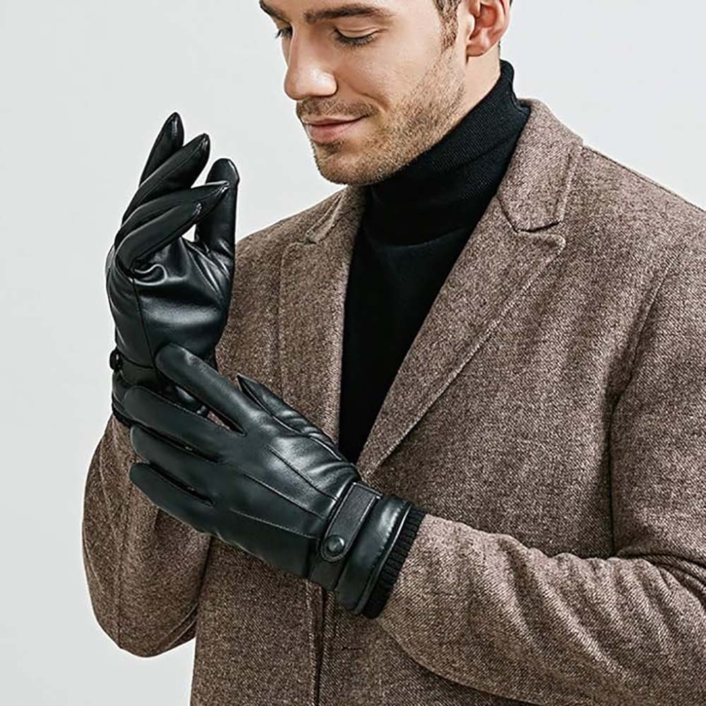 Warm Winter Gloves Men's PU Leather Touch Screen Thick Fleece Windproo