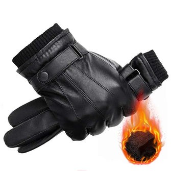 Men's PU Leather Winter Warm Touch Screen Thick Fleece Windproof Thermal Gloves