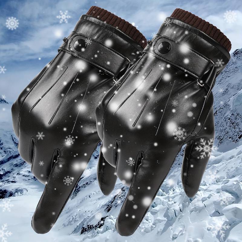 Warm Winter Gloves Men's PU Leather Touch Screen Thick Fleece Windproo