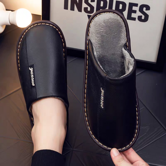 Men's & Women's PU Leather Fluffy Slippers, Thick Soft Warm Anti Slip ...