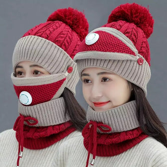 3PCS Womens Winter Warm Scarf Knitted Hat Mask with Filter Set Fashion Thickened Face Cover Outdoor UV Protection