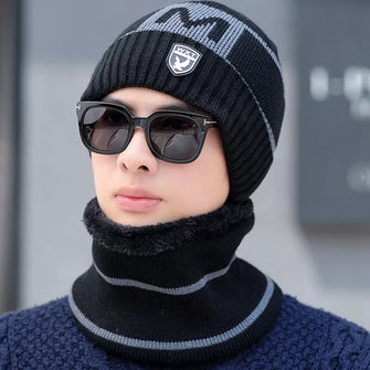 Men's New Fashion Winter Warm Beanie Hats And Scarf Set, Knitted Skull Cap Neck Warmer